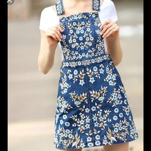 Blue Strap Flower Embroidered Denim Dress